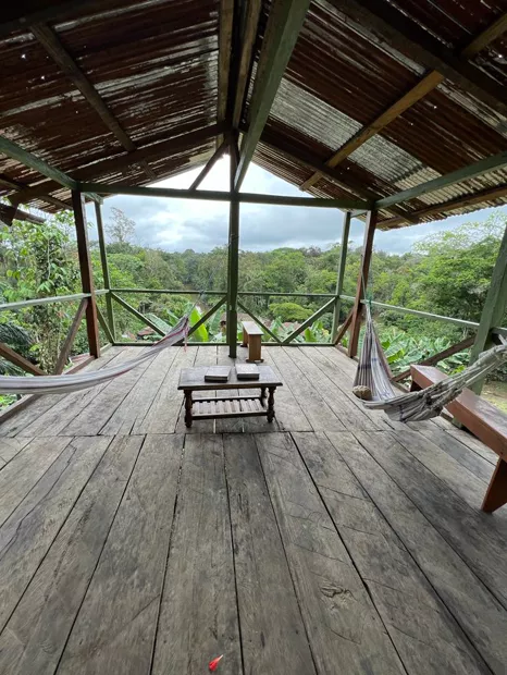 Terraza de madera con hamacas sobre el río Napo