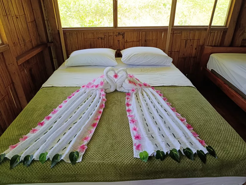 Camas decoradas con toallas en forma de cisnes